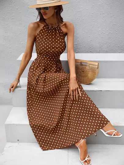 Breezaya Polka Dot Print Halter Neck Dress Maxi Women Outfit