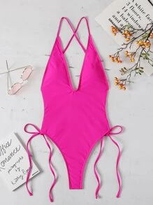 Phụ nữ một mảnh Lộ Lưng Thắt nút Hội Chữ thập màu trơn Gợi cảm - Màu Hồng Tươi - Xem 3