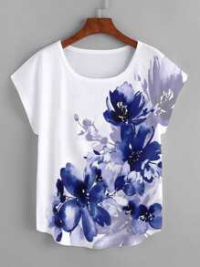 EMERY ROSE Floral Print Batwing Sleeve Tee Graphic Tees Women Tops - White - View 1