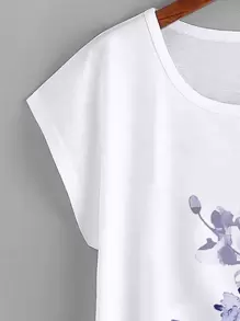 EMERY ROSE Floral Print Batwing Sleeve Tee Graphic Tees Women Tops - White - View 3