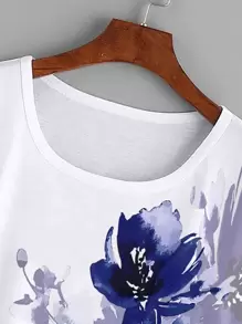 EMERY ROSE Floral Print Batwing Sleeve Tee Graphic Tees Women Tops - White - View 5