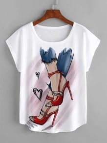 EMERY ROSE Heart & Figure Graphic Batwing Sleeve Tee Graphic Tees Women Tops - White - View 1