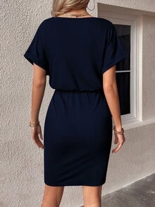 SHEIN Clasi Solid Draped Collar Batwing Sleeve Bodycon Dress - Navy Blue - View 2