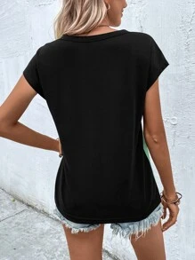 SHEIN LUNE Two Tone Button Detail Dolman Sleeve Tee - Mint Green - View 2