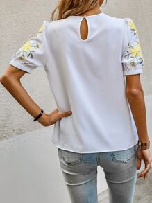 SHEIN LUNE Floral Embroidery Keyhole Neckline Puff Sleeve Blouse - White - View 2