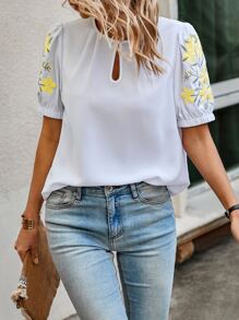 SHEIN LUNE Floral Embroidery Keyhole Neckline Puff Sleeve Blouse - White - View 4