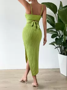 Chiquease 素色後綁帶吊帶上衣和高衩半身裙 - 綠色 - 查看 2