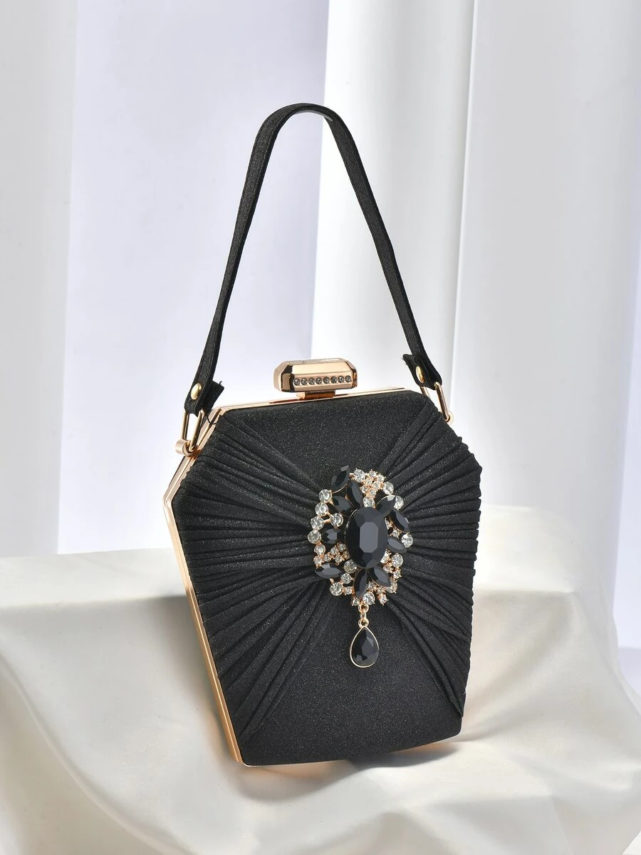 Mini Box Bag Glamorous Rhinestone Decor Chain Glitter For Party, Perfect Bride Purse For Wedding, Prom & Party Events - Black - View 1