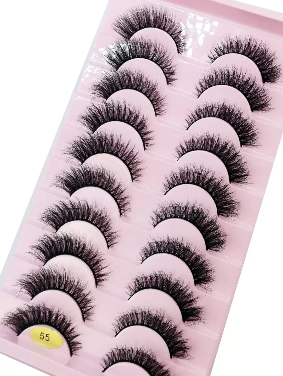 10 对自然纤长假睫毛 3D 浓密卷曲人造貂皮睫毛延长睫毛，自然逼真的仿貂皮睫毛，适合美容 - 黑色 - 查看 1