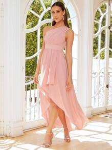 SHEIN Belle 1pc One Shoulder Ruched Asymmetrical Hem Bridesmaid Dress - Baby Pink - View 1