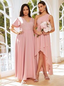 SHEIN Belle 1pc One Shoulder Ruched Asymmetrical Hem Bridesmaid Dress - Baby Pink - View 2