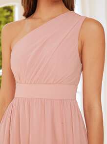 SHEIN Belle 1pc One Shoulder Ruched Asymmetrical Hem Bridesmaid Dress - Baby Pink - View 4