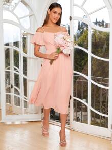 SHEIN Belle Cold Shoulder A-line Bridesmaid Dress - Coral Pink - View 2