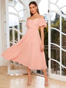 SHEIN Belle Cold Shoulder A-line Bridesmaid Dress - Coral Pink - View 4