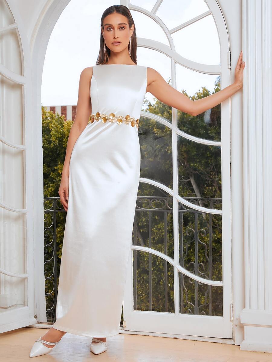 SHEIN Belle Váy cưới Đề can Lộ Lưng ghép mộng kim sa Thêu Dây kéo Hoa - trắng - Xem 1