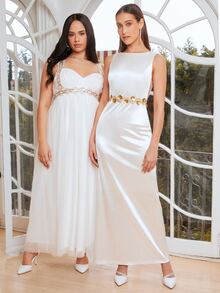 SHEIN Belle Váy cưới Đề can Lộ Lưng ghép mộng kim sa Thêu Dây kéo Hoa - trắng - Xem 6