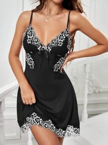 Váy ngủ & áo ngủ Nữ Nơ Bướm Tương phản ren Hoa Thanh lịch - màu đen - Xem 3