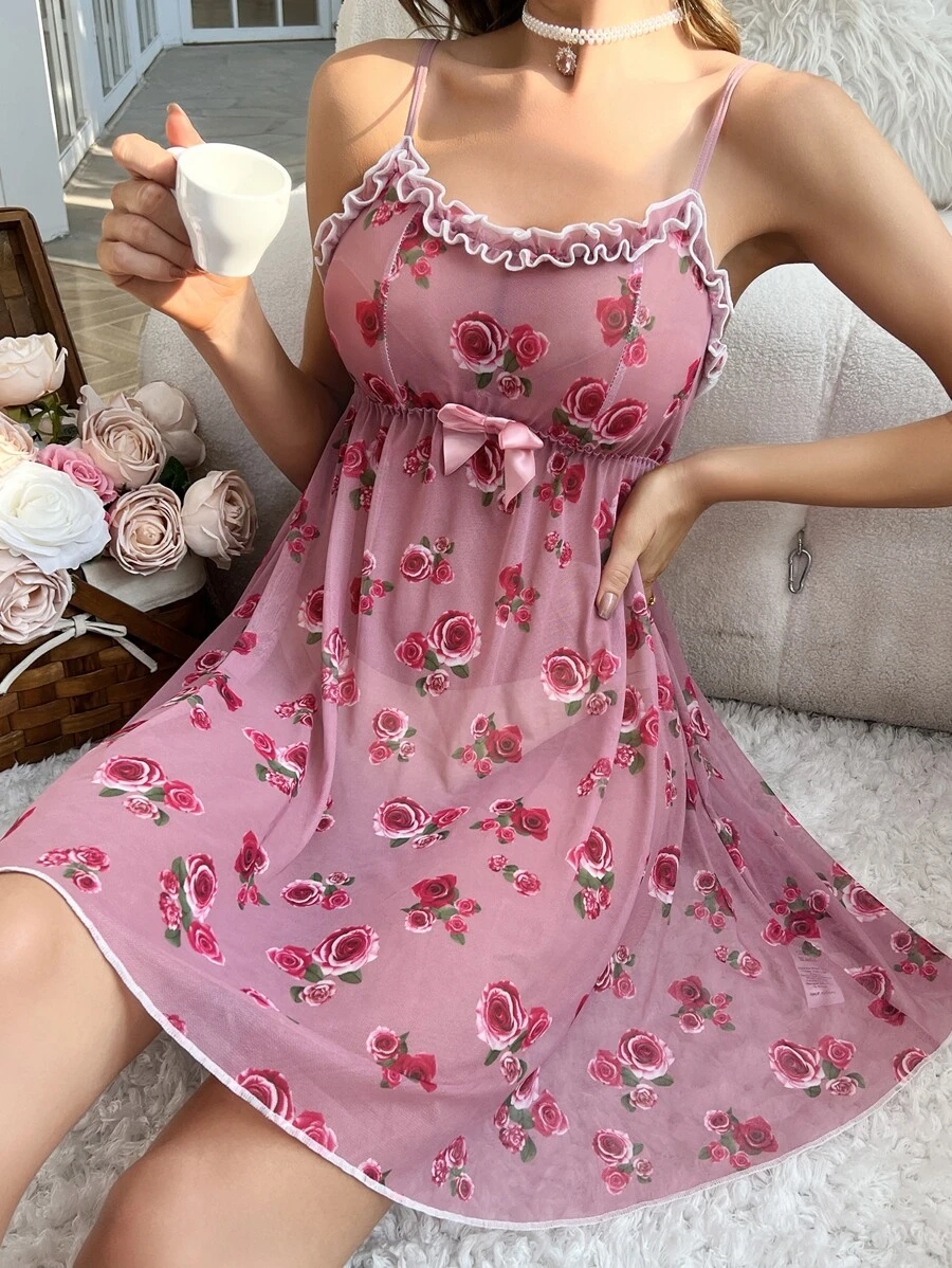 Váy ngủ & áo ngủ Nữ Nơ Bướm viền lá sen Tương phản ràng buộc Hoa Tất cả trên in Giải trí - Bụi hồng - Xem 1