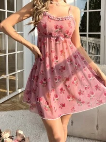 印花褶邊前蝴蝶結網紗吊帶睡裙 - 藕粉色 - 查看 4