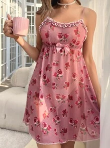 印花褶邊前蝴蝶結網紗吊帶睡裙 - 藕粉色 - 查看 5