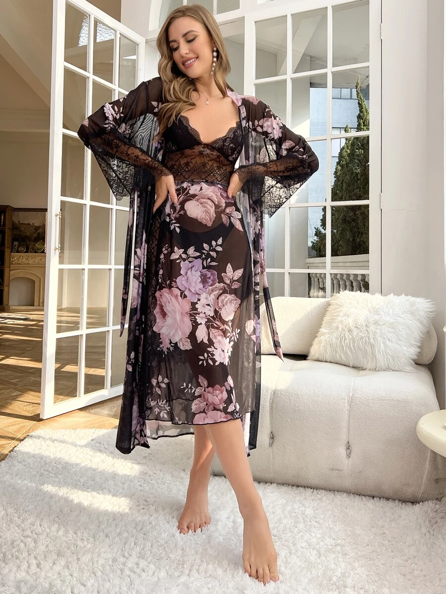 Floral Print Contrast Lace Flounce Sleeve Mesh Robe With Cami Dress - Black - View 1
