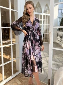 Floral Print Contrast Lace Flounce Sleeve Mesh Robe With Cami Dress - Black - View 5
