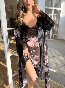 Floral Print Contrast Lace Flounce Sleeve Mesh Robe With Cami Dress - Black - View 4