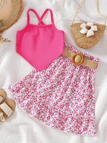 SHEIN Bộ thời trang bé gái Bất đối xứng Thắt lưng Hội Chữ thập viền lá sen Viên lá sen Họa tiết hoa Boho - Màu Hồng Tươi - Xem 1