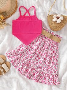 SHEIN Bộ thời trang bé gái Bất đối xứng Thắt lưng Hội Chữ thập viền lá sen Viên lá sen Họa tiết hoa Boho - Màu Hồng Tươi - Xem 2