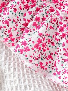 SHEIN Bộ thời trang bé gái Bất đối xứng Thắt lưng Hội Chữ thập viền lá sen Viên lá sen Họa tiết hoa Boho - Màu Hồng Tươi - Xem 3