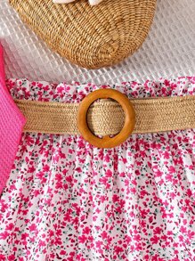 SHEIN Bộ thời trang bé gái Bất đối xứng Thắt lưng Hội Chữ thập viền lá sen Viên lá sen Họa tiết hoa Boho - Màu Hồng Tươi - Xem 4