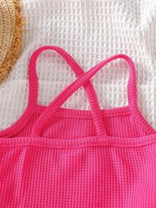 SHEIN Bộ thời trang bé gái Bất đối xứng Thắt lưng Hội Chữ thập viền lá sen Viên lá sen Họa tiết hoa Boho - Màu Hồng Tươi - Xem 5