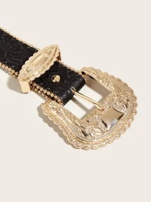 1入組女士花壓花復古西部風腰帶 - 黑色 - 查看 4