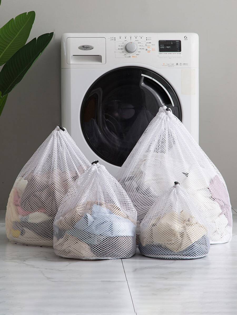 1 túi giặt đồ lót bằng polyester, túi giặt đồ lót rút dây màu trắng tối giản cho máy giặt - trắng - Xem 1