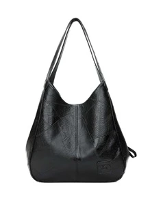 Medium Hobo Bag Stitch Detail PU - Black - View 1