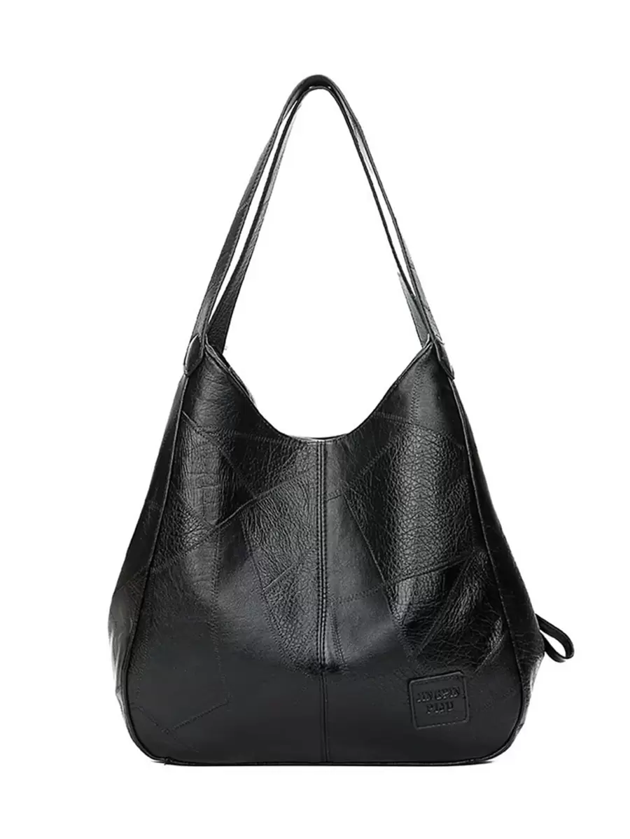 Medium Hobo Bag Stitch Detail PU - Black - View 1