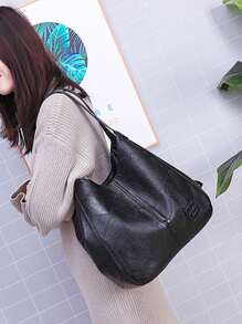 Medium Hobo Bag Stitch Detail PU - Black - View 2