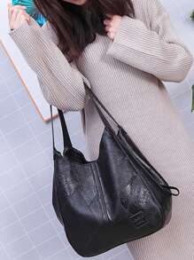 Medium Hobo Bag Stitch Detail PU - Black - View 4