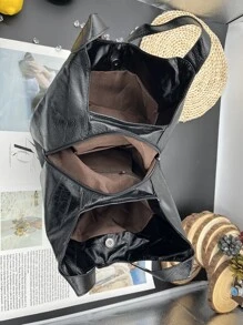 Medium Hobo Bag Stitch Detail PU - Black - View 5