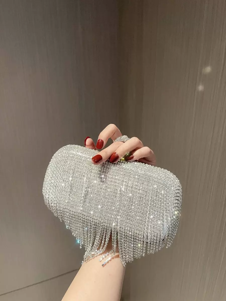 Moonlit EveBag閃爍耀眼，閃亮華麗，優雅的迷你晚禮服包，鑲嵌鑽石和流蘇裝飾，完美的新娘手袋，適用於婚禮，舞會和派對活動的晚餐包，適合派對女孩，女士，最適合派對，婚禮，舞會，晚餐/宴會，適合送給女士的最佳禮物 - 銀色 - 查看 1