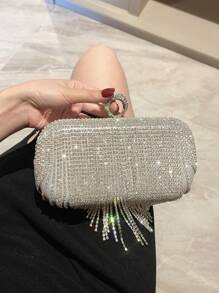 Moonlit EveBag閃爍耀眼，閃亮華麗，優雅的迷你晚禮服包，鑲嵌鑽石和流蘇裝飾，完美的新娘手袋，適用於婚禮，舞會和派對活動的晚餐包，適合派對女孩，女士，最適合派對，婚禮，舞會，晚餐/宴會，適合送給女士的最佳禮物 - 銀色 - 查看 9