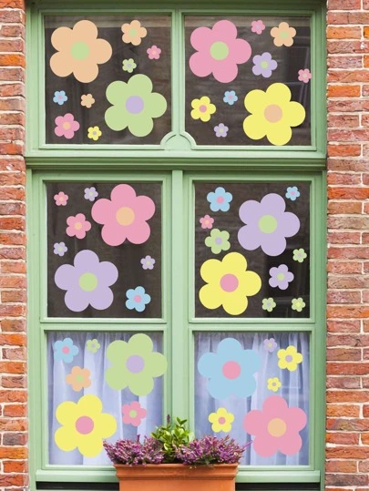 9pcs/Set Floral Pattern Decorative Film, Colorful Flower Window Electrostatic Sticker For Home Decor, Stickers, Wall Decal, Vinyl Decal For Home Decorations, Spring Decoration Items Refresh Your Home, Rama Decoration Stickers Gifts Birthday Graduation School Decor School Surprise Dormitory Decor Back To School Room Decor School Supplies