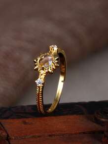 Cubic Zirconia Decor Silver Wedding Band - Gold - View 2