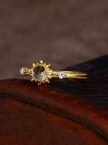 Cubic Zirconia Decor Silver Wedding Band - Gold - View 5