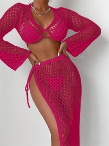 Hollow Out Tie Side Cover Up Set Without Liner - Hot Pink - View 3