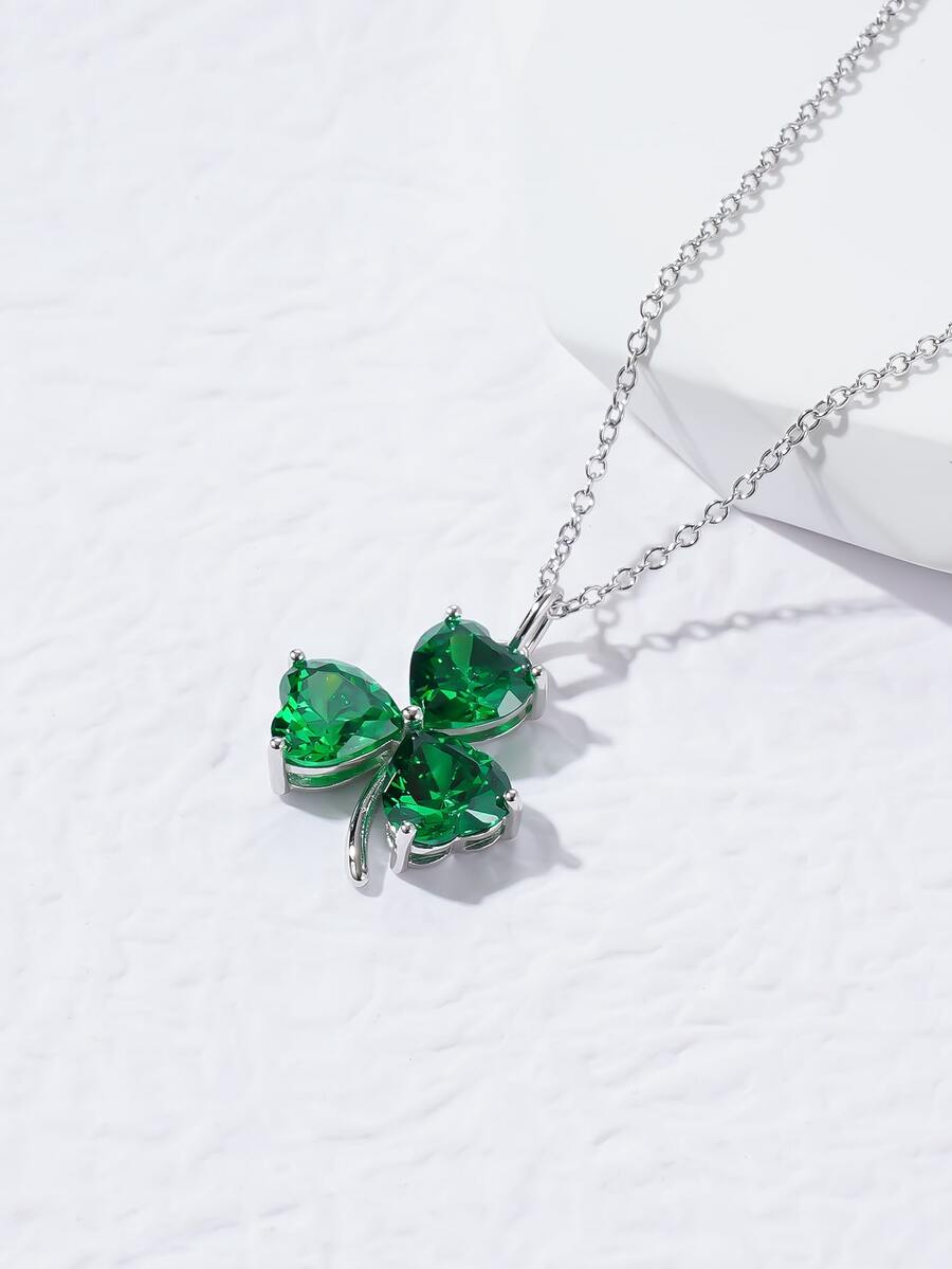 Cubic Zirconia Clover Charm Silver Necklace - Green - View 1