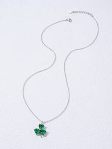 Cubic Zirconia Clover Charm Silver Necklace - Green - View 2