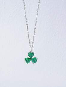 Cubic Zirconia Clover Charm Silver Necklace - Green - View 4