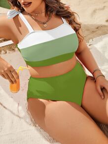 Plus Size Color Block Tie Shoulder Bikini Set Summer Beach - Green - View 1