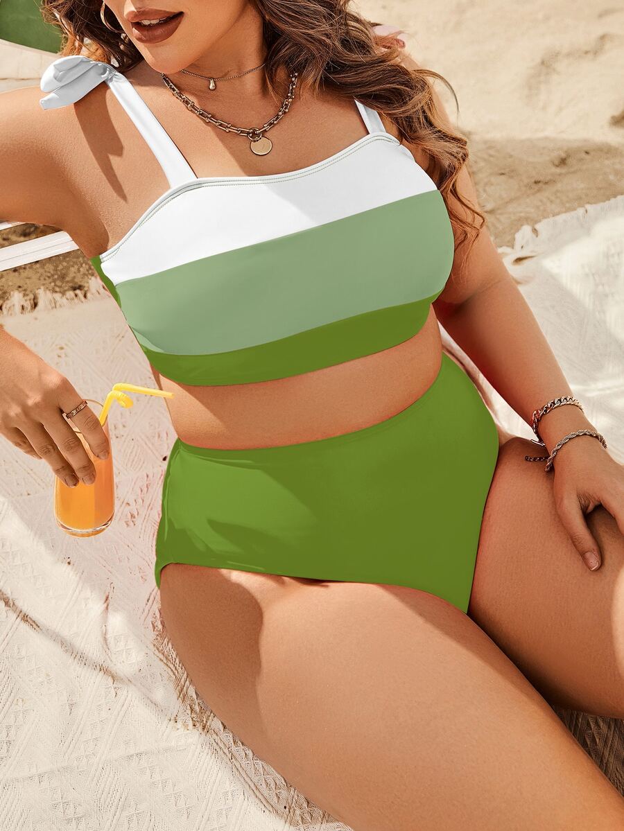 Plus Size Color Block Tie Shoulder Bikini Set Summer Beach - Green - View 1
